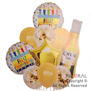 SET DE GLOBOS METALIZADOS CERVEZA Y LATEX CON CONFETI x 10 UNIDADES